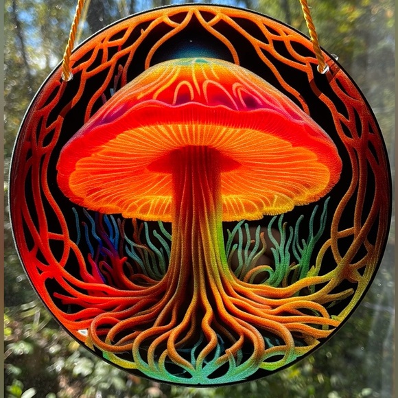 Orange Mushroom Roots Acrylic Suncatcher Home Decor Halloween Decoration New 6” - Picture 1 of 2